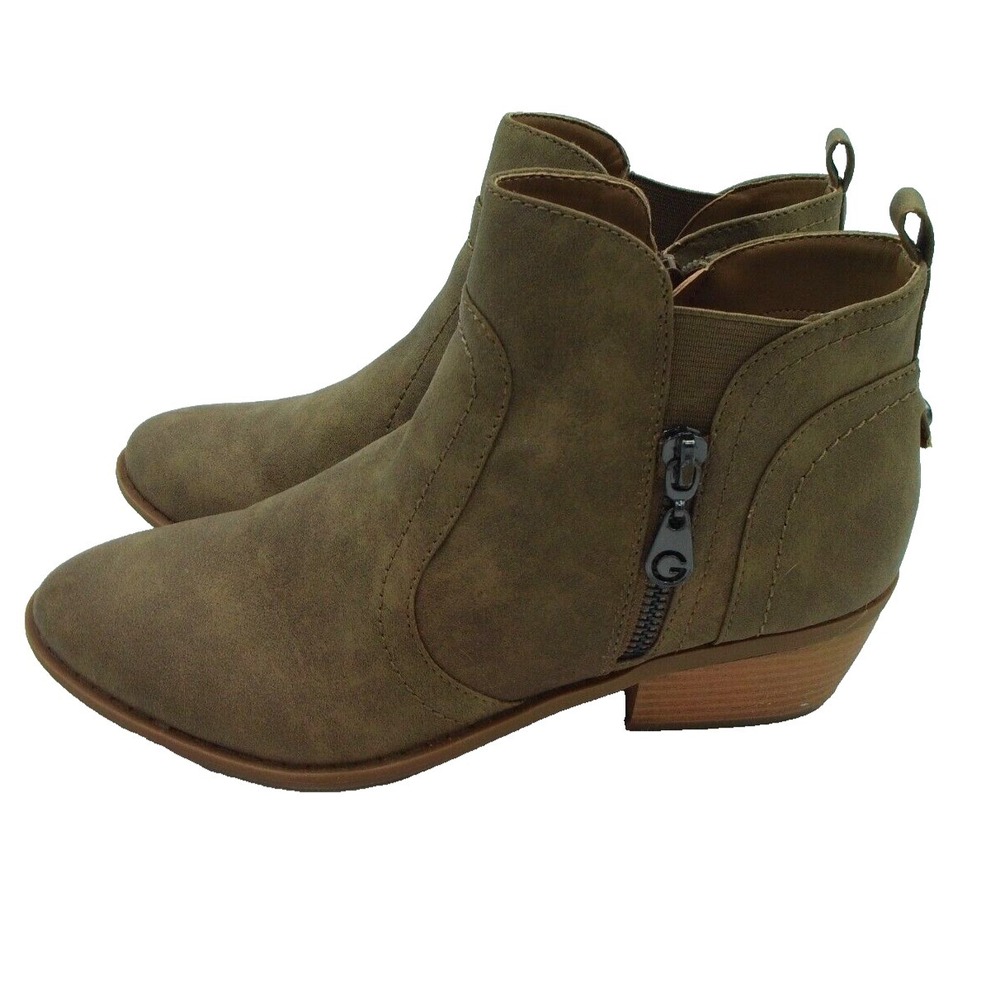 By Guess Boots Womens 7.5 M Ankle Booties Beige Faux Leather Side Zippers